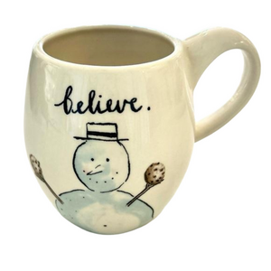 Rae Dunn Magenta Snowman Believe Let It Snow Ceramic Mug Coffee Cup White